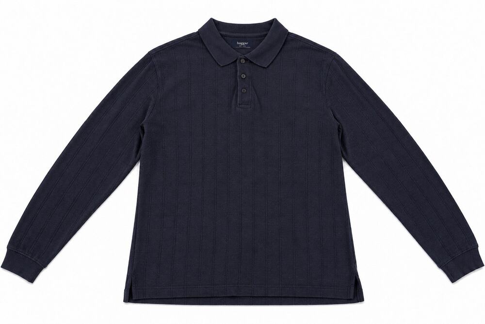Van Heusen Men’s Large Blue Long Sleeve Polo Shirt Grid Textured Cotton Blend